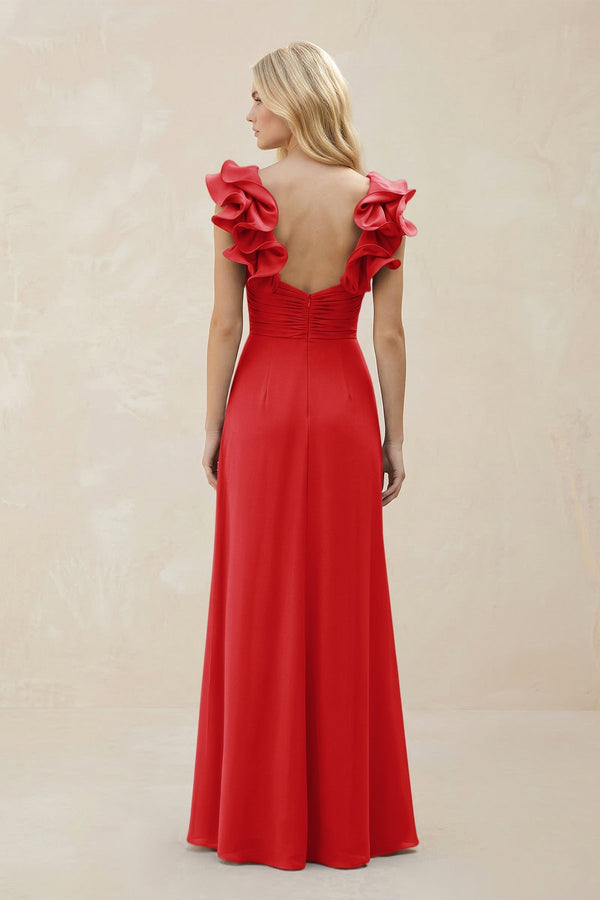 Ruffled Sleeves A - Line Chiffon Sweetheart Bridesmaid Dress in Ruby Red - KISS BRIDAL Bridesmaid Dresses