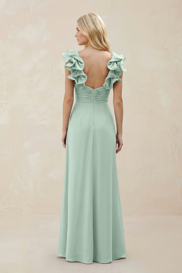 Ruffled Sleeves A-Line Chiffon Sweetheart Bridesmaid Dress in Sage (2) | KISSBRIDAL