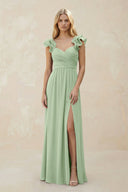 Ruffled Sleeves A - Line Chiffon Sweetheart Bridesmaid Dress in Sage - KISS BRIDAL Bridesmaid Dresses