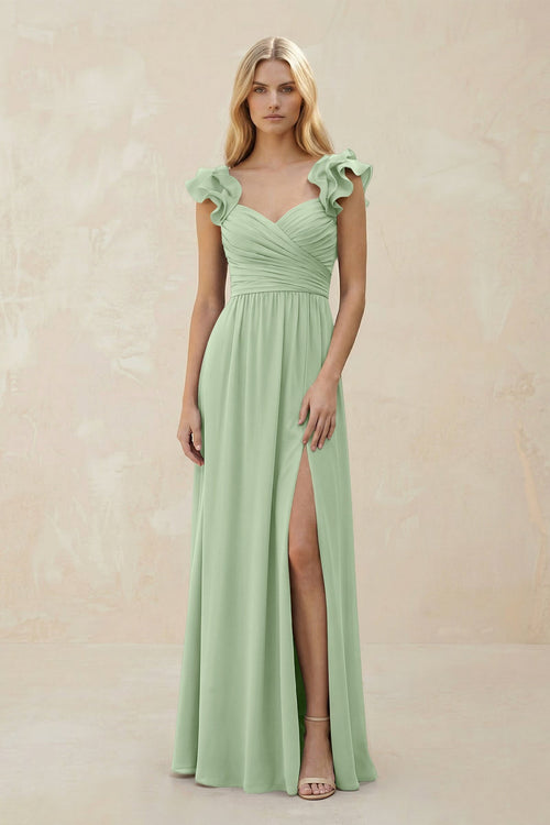 Ruffled Sleeves A - Line Chiffon Sweetheart Bridesmaid Dress in Sage - KISS BRIDAL Bridesmaid Dresses