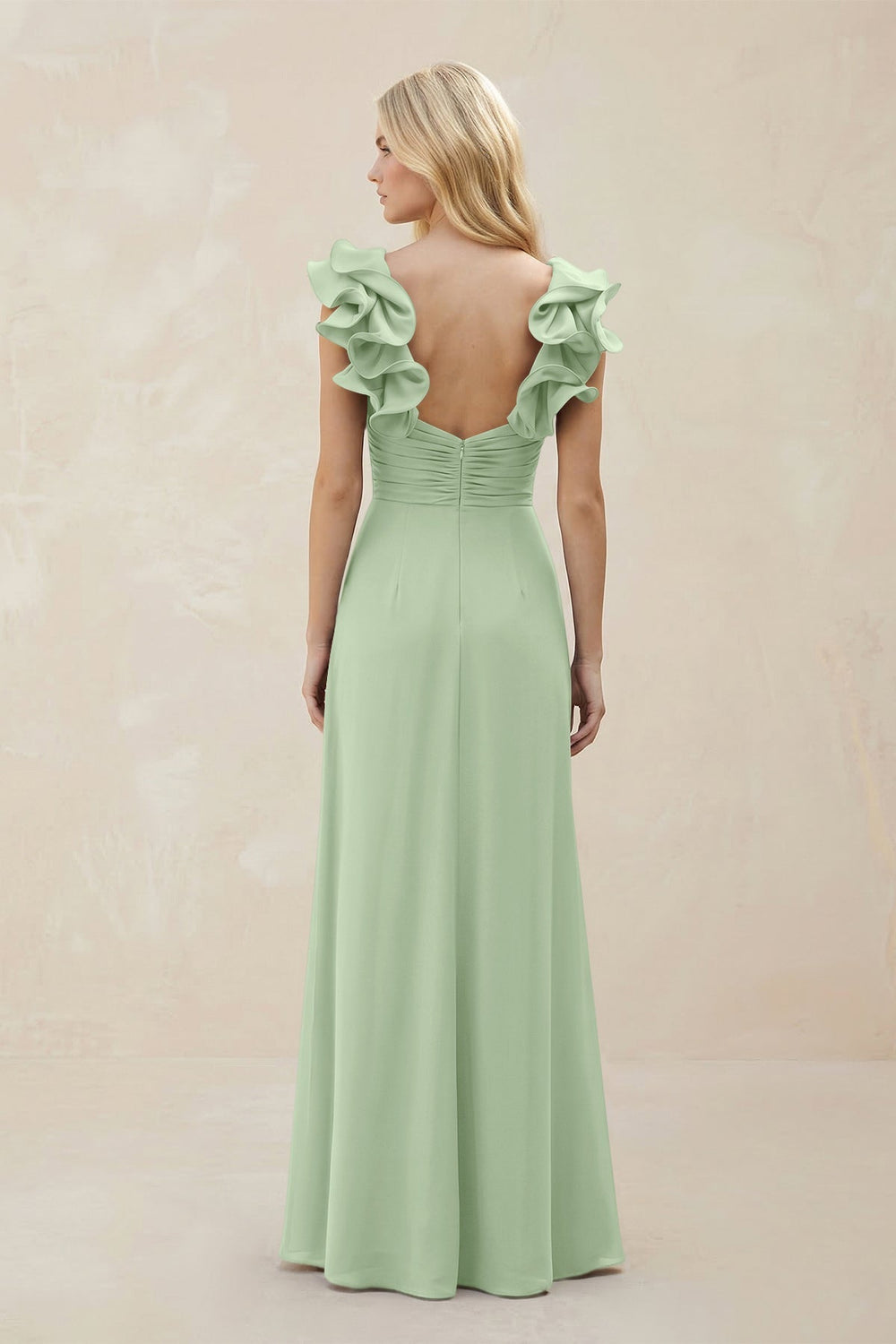Ruffled Sleeves A - Line Chiffon Sweetheart Bridesmaid Dress in Sage - KISS BRIDAL Bridesmaid Dresses