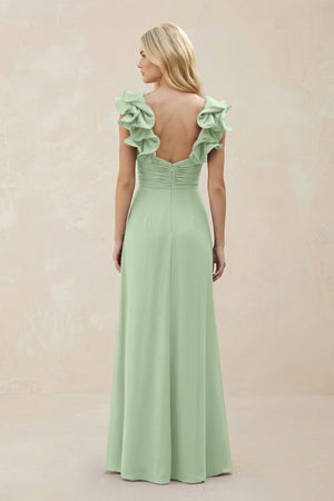 Ruffled Sleeves A - Line Chiffon Sweetheart Bridesmaid Dress in Sage - KISS BRIDAL Bridesmaid Dresses