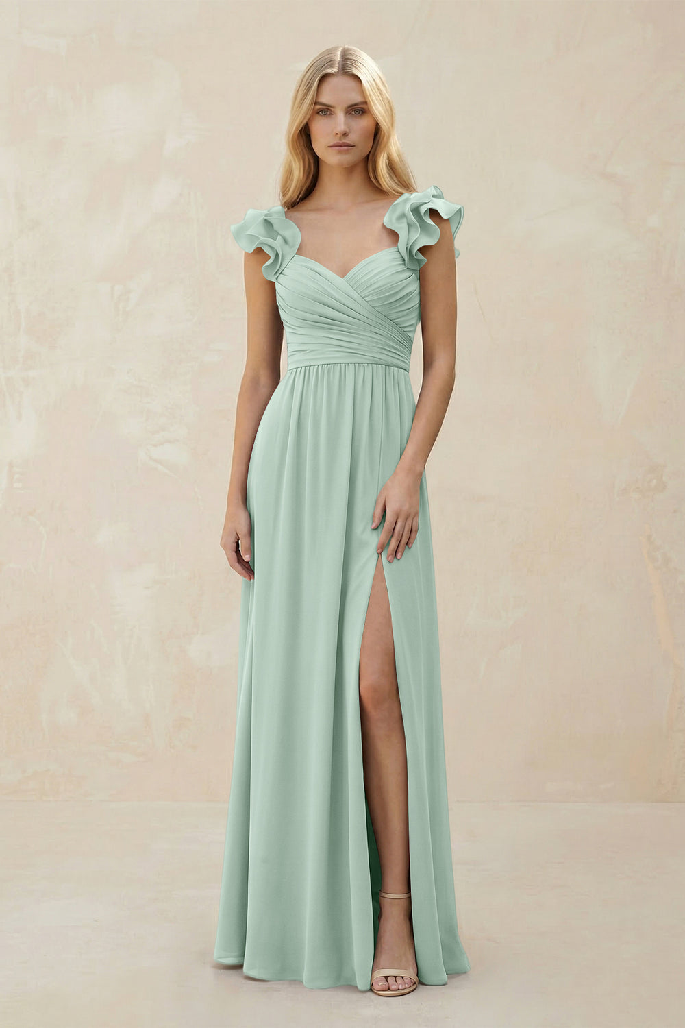 Ruffled Sleeves A-Line Chiffon Sweetheart Bridesmaid Dress in Sage