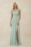 Ruffled Sleeves A-Line Chiffon Sweetheart Bridesmaid Dress in Sage | KISSBRIDAL