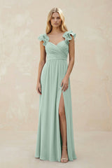 Ruffled Sleeves A-Line Chiffon Sweetheart Bridesmaid Dress in Sage | KISSBRIDAL