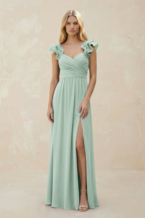 Ruffled Sleeves A-Line Chiffon Sweetheart Bridesmaid Dress in Sage | KISSBRIDAL