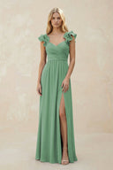 Ruffled Sleeves A - Line Chiffon Sweetheart Bridesmaid Dress in Sea Glass - KISS BRIDAL Bridesmaid Dresses