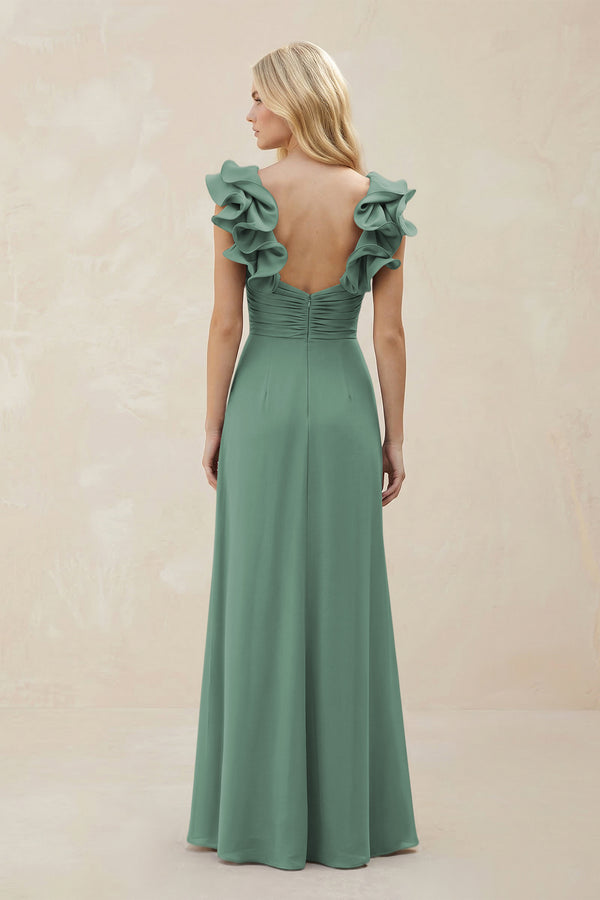 Ruffled Sleeves A-Line Chiffon Sweetheart Bridesmaid Dress in Sea Glass (2) | KISSBRIDAL