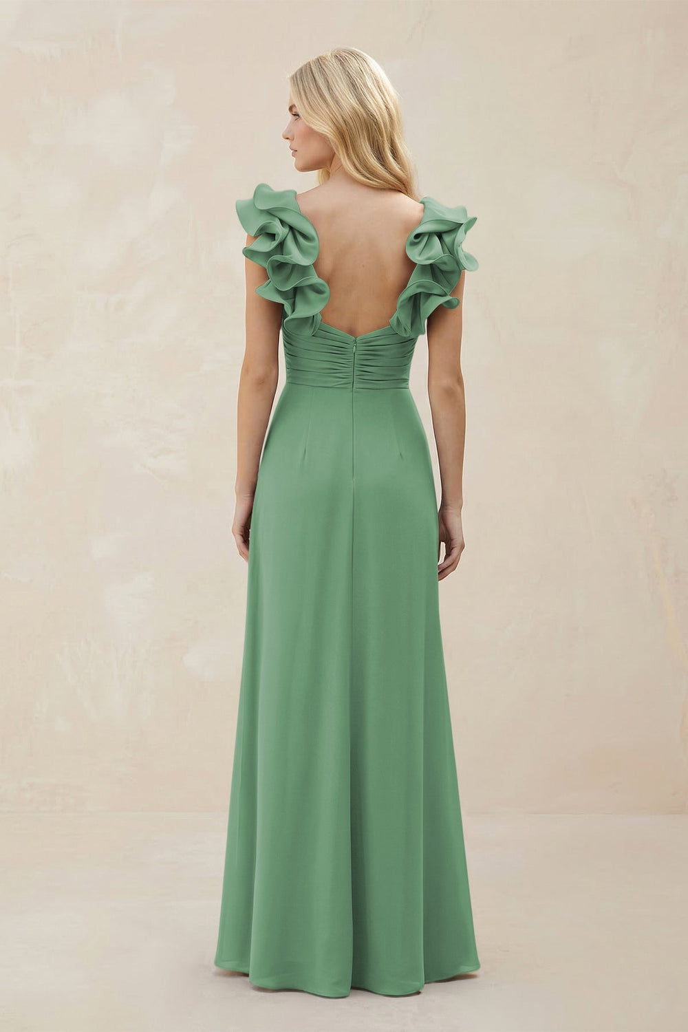 Ruffled Sleeves A - Line Chiffon Sweetheart Bridesmaid Dress in Sea Glass - KISS BRIDAL Bridesmaid Dresses