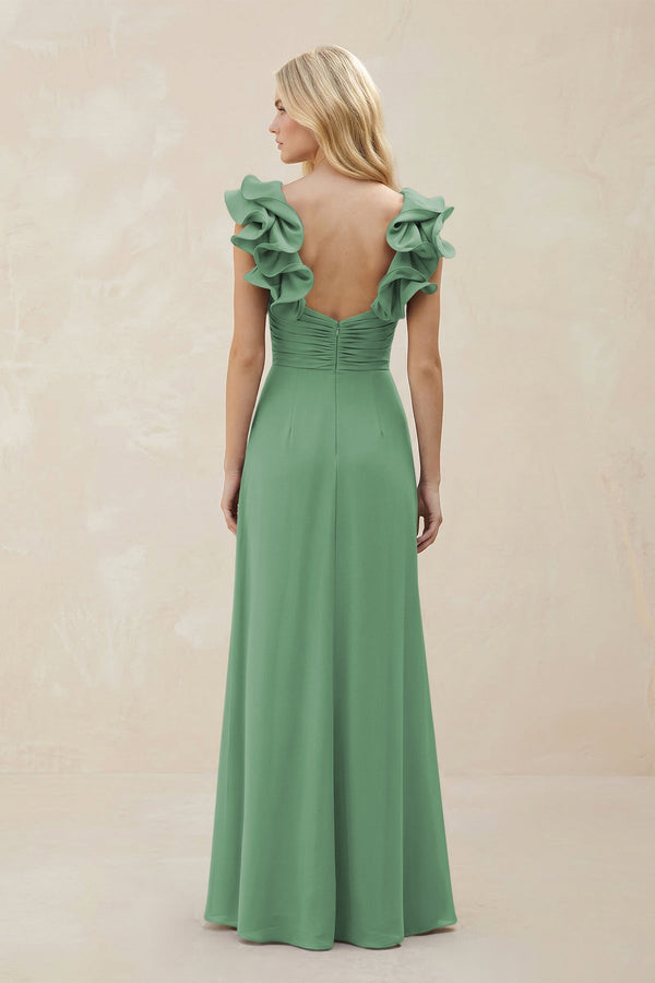 Ruffled Sleeves A - Line Chiffon Sweetheart Bridesmaid Dress in Sea Glass - KISS BRIDAL Bridesmaid Dresses