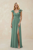 Ruffled Sleeves A-Line Chiffon Sweetheart Bridesmaid Dress in Sea Glass | KISSBRIDAL
