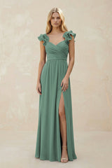 Ruffled Sleeves A-Line Chiffon Sweetheart Bridesmaid Dress in Sea Glass | KISSBRIDAL