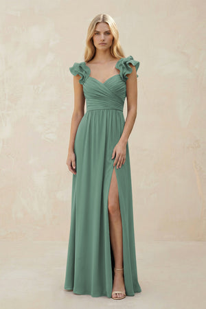 Ruffled Sleeves A-Line Chiffon Sweetheart Bridesmaid Dress in Sea Glass | KISSBRIDAL