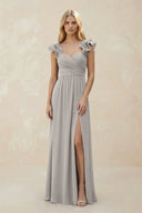 Ruffled Sleeves A - Line Chiffon Sweetheart Bridesmaid Dress in Silver - KISS BRIDAL Bridesmaid Dresses