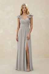 Ruffled Sleeves A - Line Chiffon Sweetheart Bridesmaid Dress in Silver - KISS BRIDAL Bridesmaid Dresses
