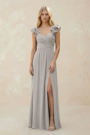 Ruffled Sleeves A - Line Chiffon Sweetheart Bridesmaid Dress in Silver - KISS BRIDAL Bridesmaid Dresses