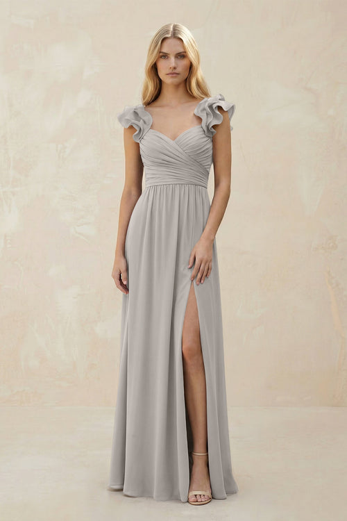 Ruffled Sleeves A - Line Chiffon Sweetheart Bridesmaid Dress in Silver - KISS BRIDAL Bridesmaid Dresses