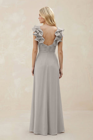 Ruffled Sleeves A - Line Chiffon Sweetheart Bridesmaid Dress in Silver - KISS BRIDAL Bridesmaid Dresses