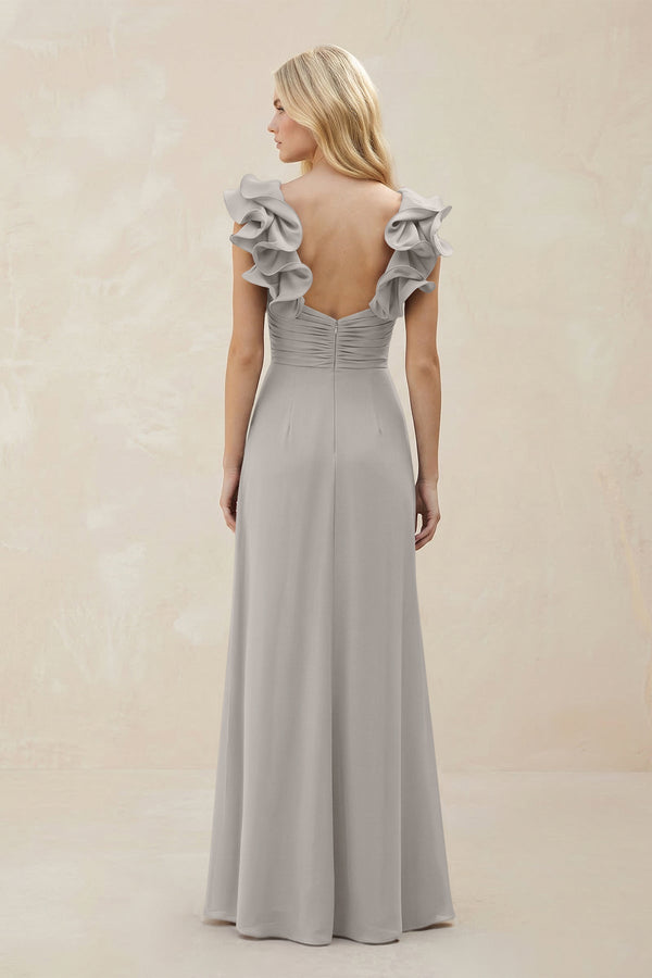 Ruffled Sleeves A - Line Chiffon Sweetheart Bridesmaid Dress in Silver - KISS BRIDAL Bridesmaid Dresses