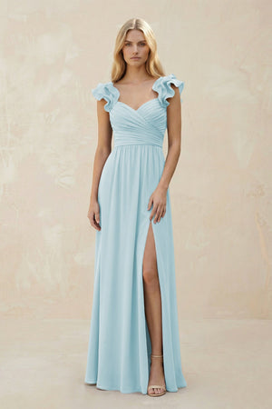 Ruffled Sleeves A - Line Chiffon Sweetheart Bridesmaid Dress in Sky Blue - KISS BRIDAL Bridesmaid Dresses