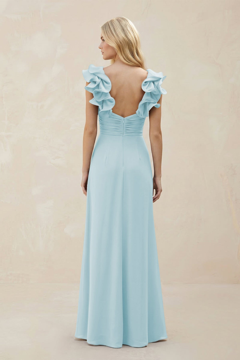 Ruffled Sleeves A - Line Chiffon Sweetheart Bridesmaid Dress in Sky Blue - KISS BRIDAL Bridesmaid Dresses