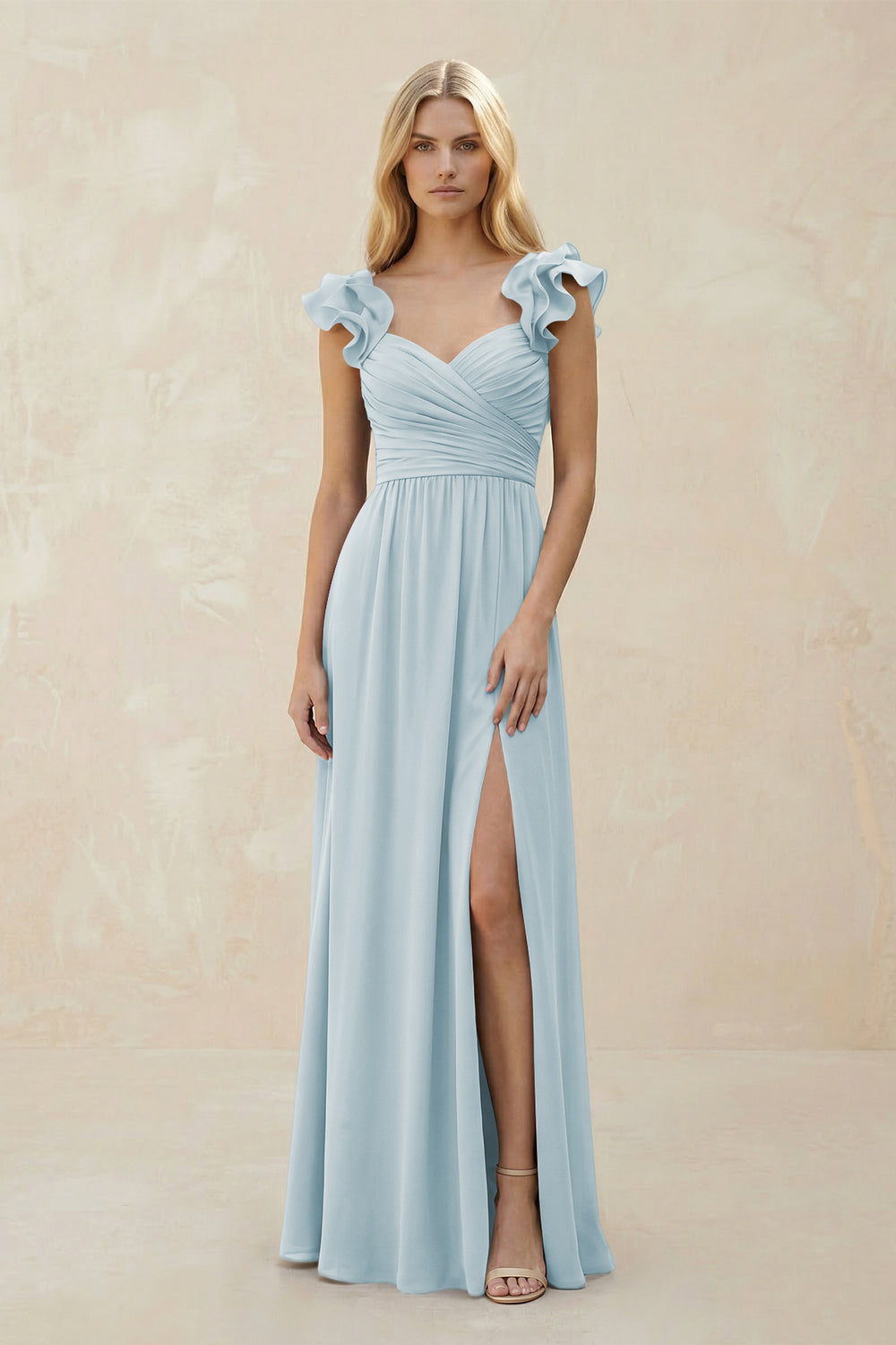Ruffled Sleeves A-Line Chiffon Sweetheart Bridesmaid Dress in Sky Blue