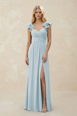 Ruffled Sleeves A-Line Chiffon Sweetheart Bridesmaid Dress in Sky Blue | KISSBRIDAL
