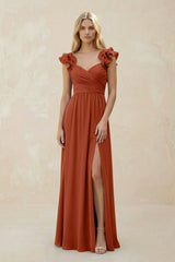 Ruffled Sleeves A - Line Chiffon Sweetheart Bridesmaid Dress in Spice - KISS BRIDAL Bridesmaid Dresses