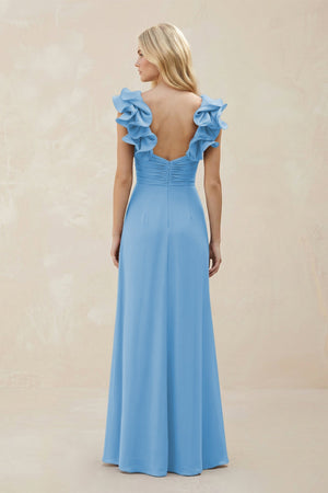 Ruffled Sleeves A - Line Chiffon Sweetheart Bridesmaid Dress in Steel Blue - KISS BRIDAL Bridesmaid Dresses
