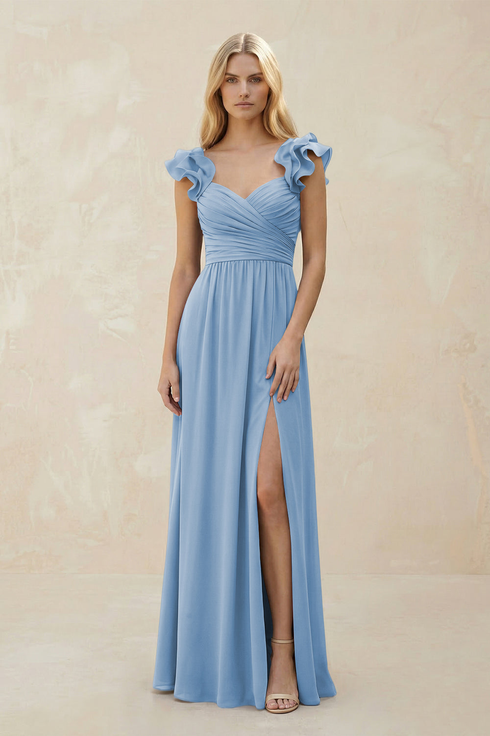 Ruffled Sleeves A-Line Chiffon Sweetheart Bridesmaid Dress in Steel Blue