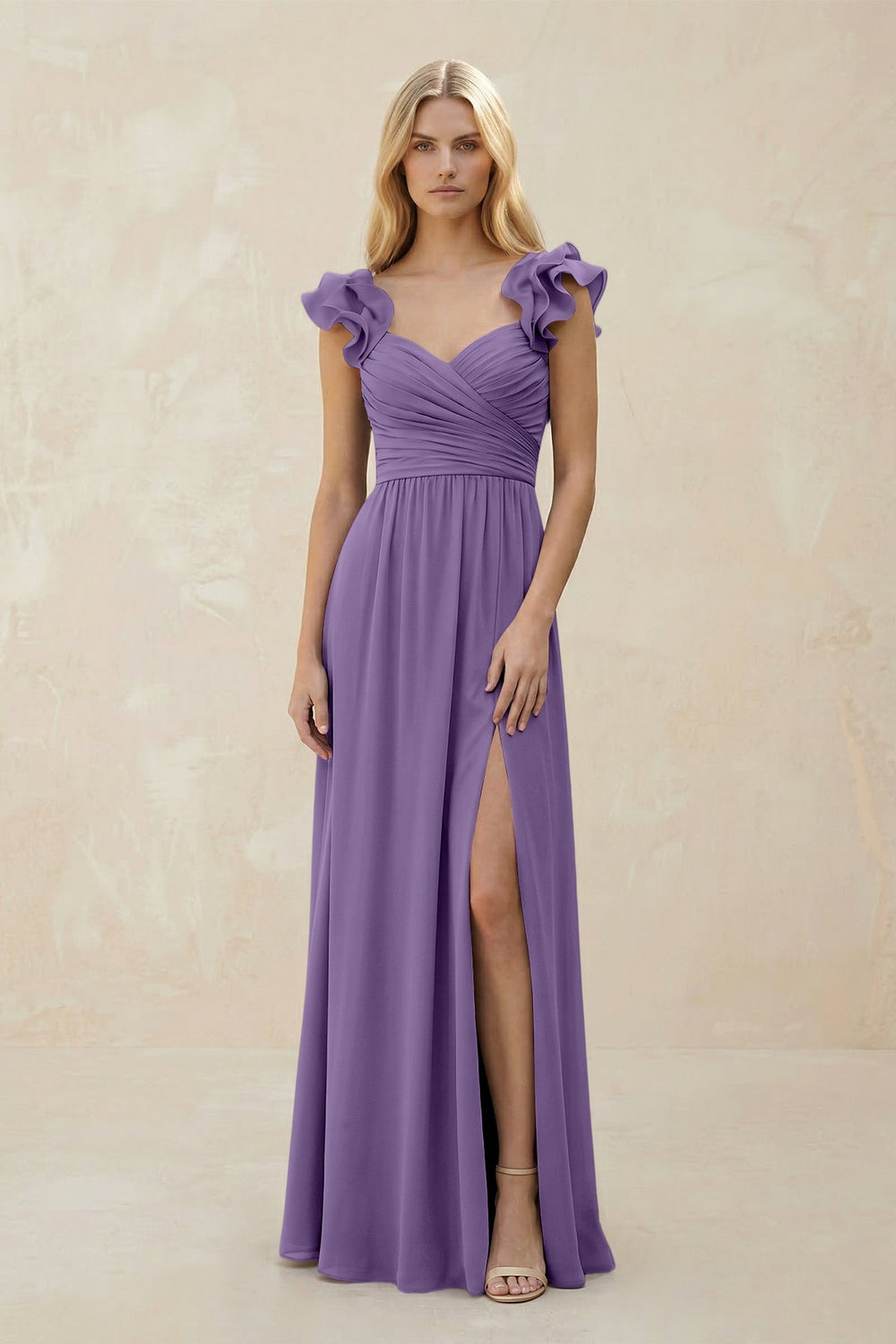 Ruffled Sleeves A - Line Chiffon Sweetheart Bridesmaid Dress in Tahiti - KISS BRIDAL Bridesmaid Dresses