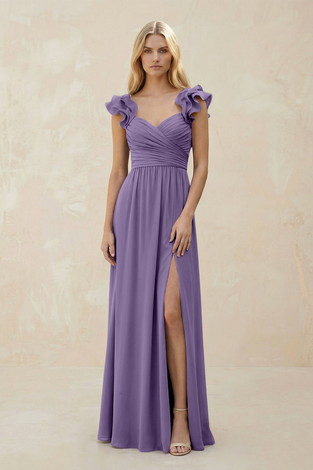 Ruffled Sleeves A-Line Chiffon Sweetheart Bridesmaid Dress in Tahiti