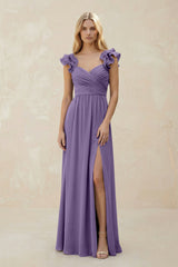 Ruffled Sleeves A-Line Chiffon Sweetheart Bridesmaid Dress in Tahiti | KISSBRIDAL