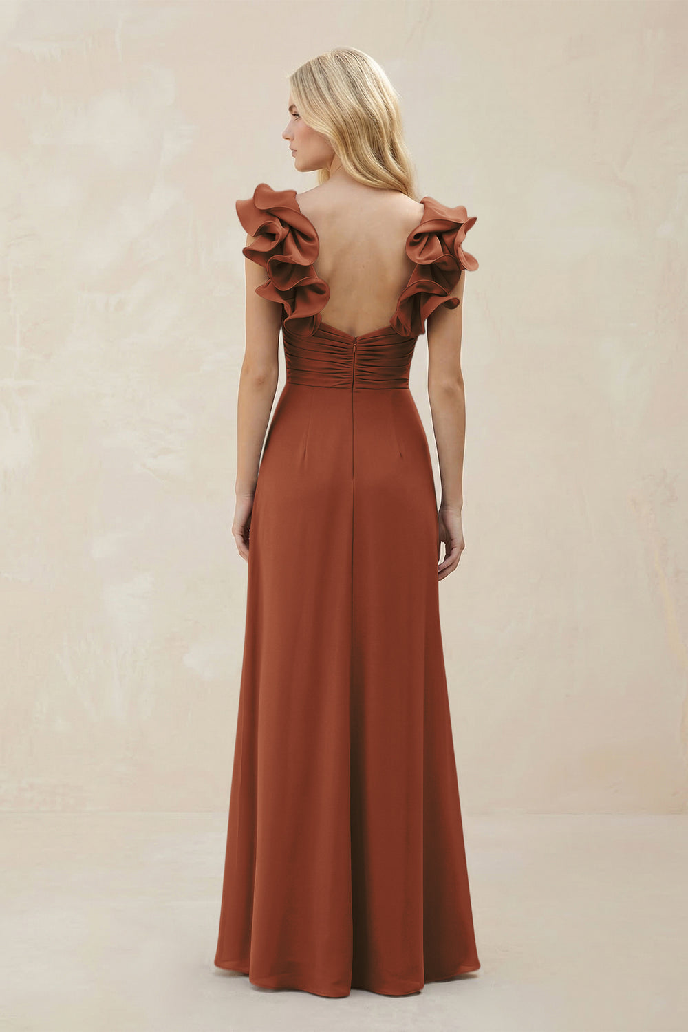 Ruffled Sleeves A-Line Chiffon Sweetheart Bridesmaid Dress in Terracotta