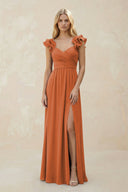 Ruffled Sleeves A - Line Chiffon Sweetheart Bridesmaid Dress in Terracotta - KISS BRIDAL Bridesmaid Dresses