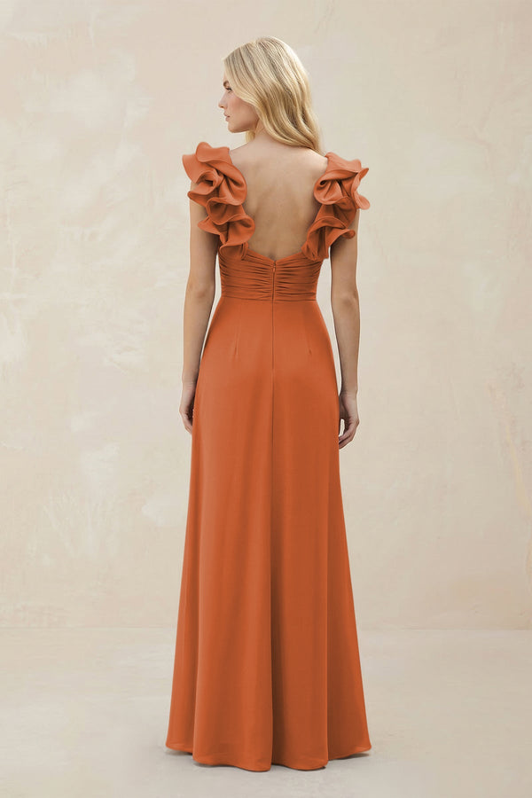 Ruffled Sleeves A-Line Chiffon Sweetheart Bridesmaid Dress in Terracotta