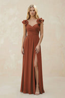 Ruffled Sleeves A-Line Chiffon Sweetheart Bridesmaid Dress in Terracotta | KISSBRIDAL