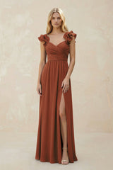Ruffled Sleeves A-Line Chiffon Sweetheart Bridesmaid Dress in Terracotta | KISSBRIDAL