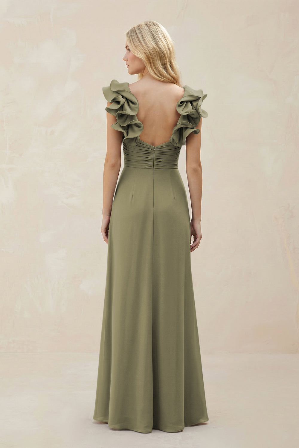 Ruffled Sleeves A-Line Chiffon Sweetheart Bridesmaid Dress in Thyme