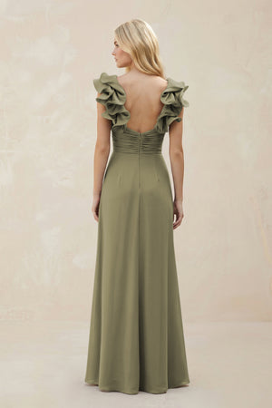 Ruffled Sleeves A-Line Chiffon Sweetheart Bridesmaid Dress in Thyme (2) | KISSBRIDAL