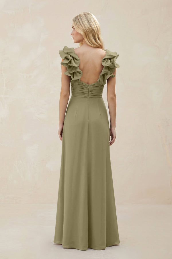 Ruffled Sleeves A - Line Chiffon Sweetheart Bridesmaid Dress in Thyme - KISS BRIDAL Bridesmaid Dresses