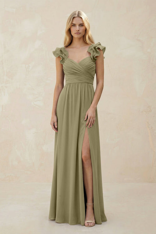 Ruffled Sleeves A - Line Chiffon Sweetheart Bridesmaid Dress in Thyme - KISS BRIDAL Bridesmaid Dresses