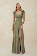 Ruffled Sleeves A-Line Chiffon Sweetheart Bridesmaid Dress in Thyme | KISSBRIDAL