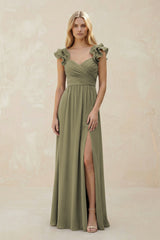 Ruffled Sleeves A-Line Chiffon Sweetheart Bridesmaid Dress in Thyme | KISSBRIDAL