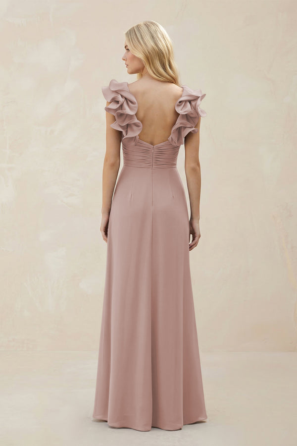 Ruffled Sleeves A-Line Chiffon Sweetheart Bridesmaid Dress in Toffee (2) | KISSBRIDAL