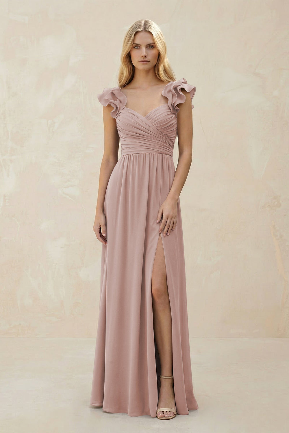 Ruffled Sleeves A - Line Chiffon Sweetheart Bridesmaid Dress in Toffee - KISS BRIDAL Bridesmaid Dresses