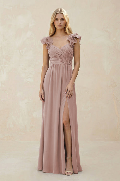 Ruffled Sleeves A-Line Chiffon Sweetheart Bridesmaid Dress in Toffee | KISSBRIDAL