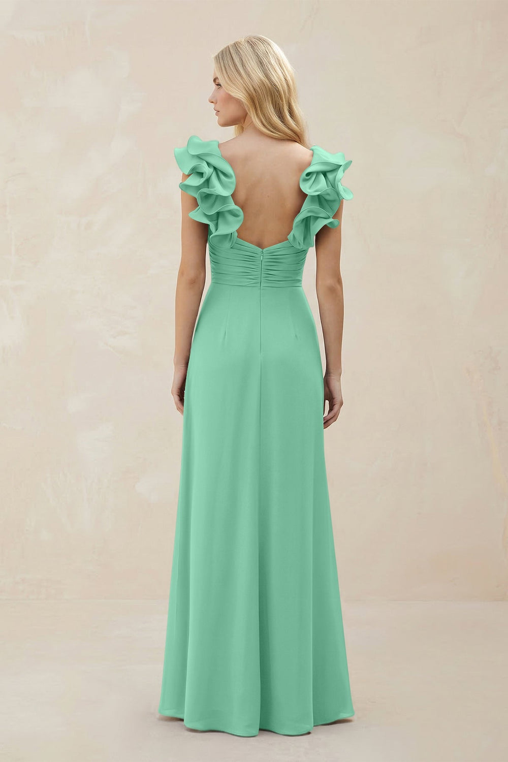 Ruffled Sleeves A - Line Chiffon Sweetheart Bridesmaid Dress in Turquoise - KISS BRIDAL Bridesmaid Dresses