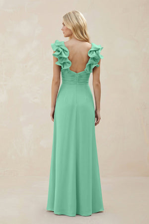 Ruffled Sleeves A - Line Chiffon Sweetheart Bridesmaid Dress in Turquoise - KISS BRIDAL Bridesmaid Dresses
