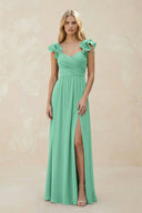 Ruffled Sleeves A - Line Chiffon Sweetheart Bridesmaid Dress in Turquoise - KISS BRIDAL Bridesmaid Dresses